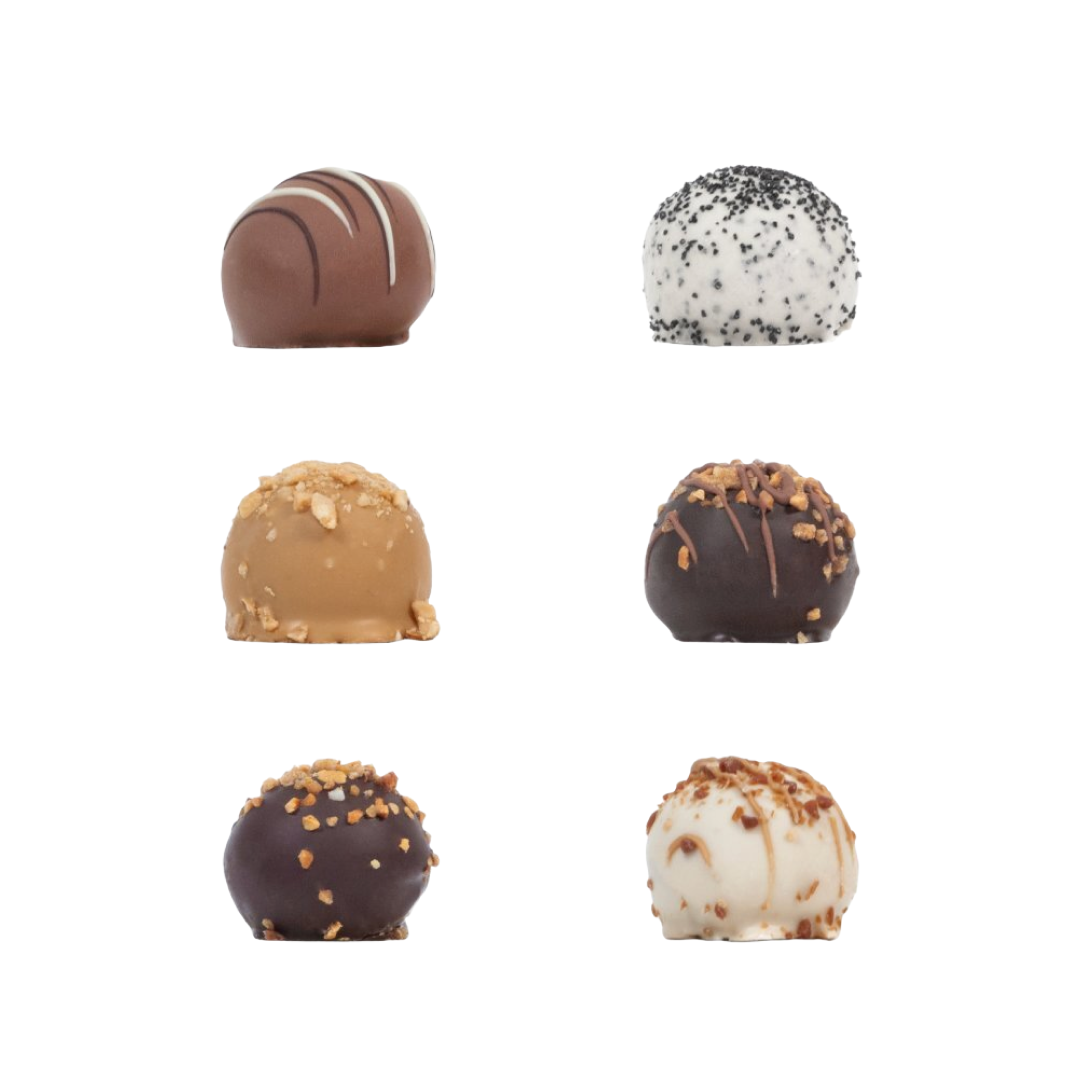 Tryffellåda 6 st. - Cappuccino, lakrits, dulce, nougat, saltkaramell, hallon