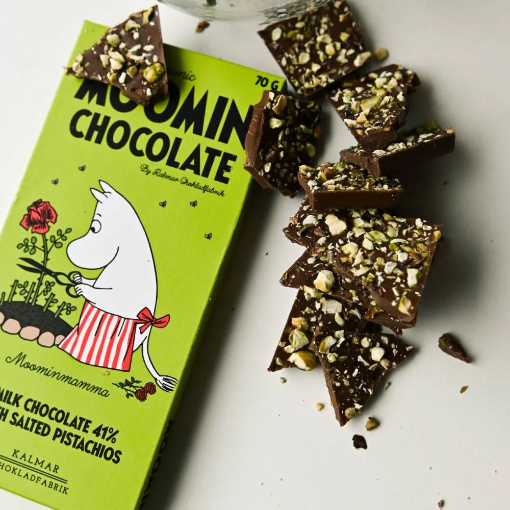 Moomimor - mjölkchoklad med saltade pistagenötter
