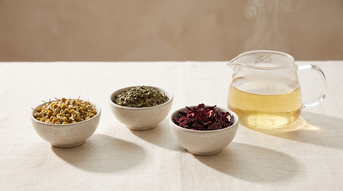 Skåle med kamille, pebermynte og hibiscus ved en glaskande med urtete
